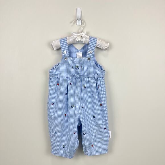 Vintage Mufflings Blue Gingham Fruit & Flower Overalls 9 Months - Picture 1 of 8